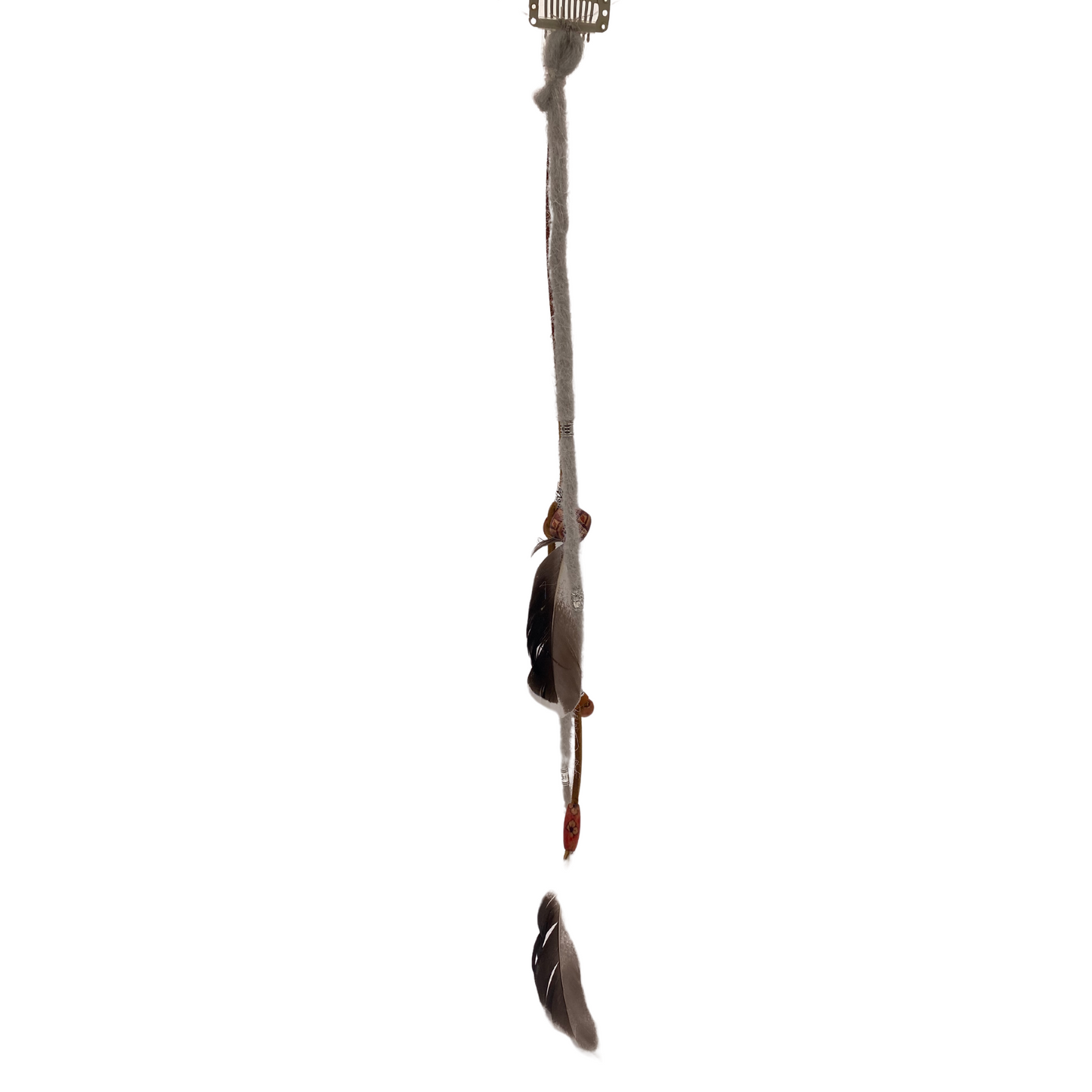 "K-Clip-in" Hair Extension - Platinum Dread with Leather Beads & Feathers